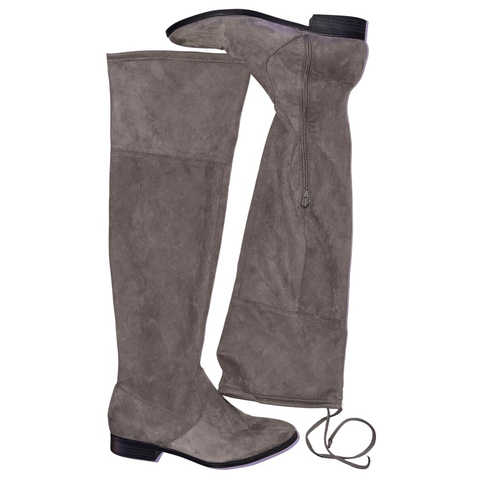Womens 9.5 Tall Grey Faux Suede Boots Over the knee Flat Tie Back Missing string